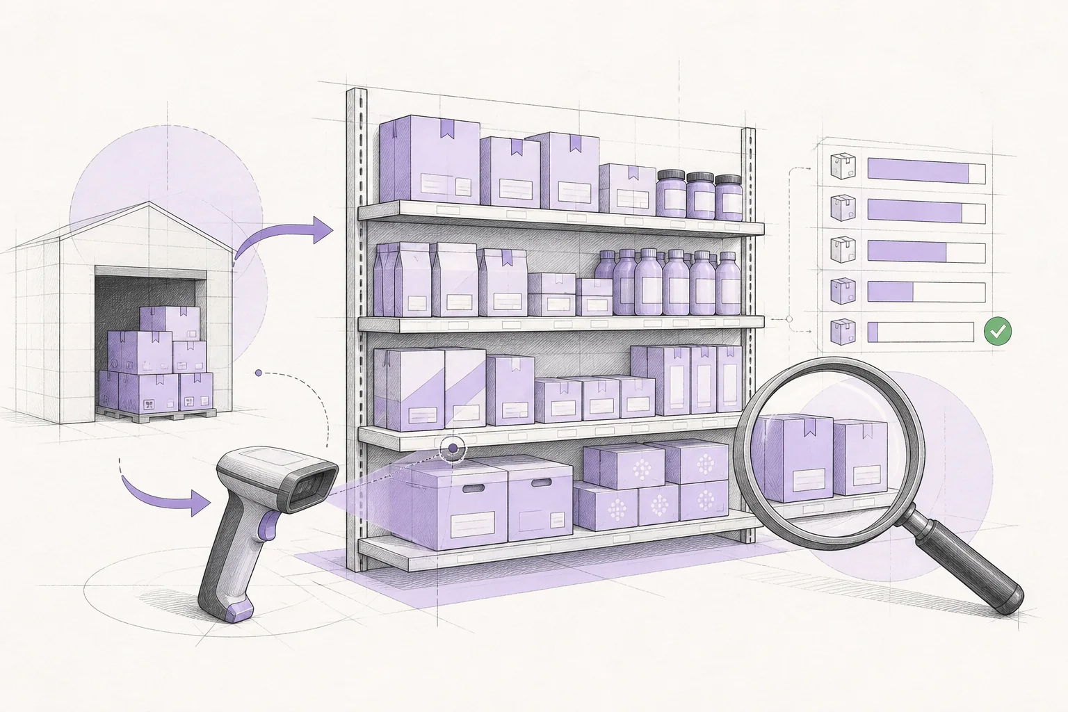 Ilustracion del control de inventario, stock y bodega